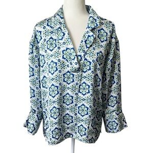 Zara Print Satin Blouse White Blue Green Relaxed Fit Split Cuffs Size Small